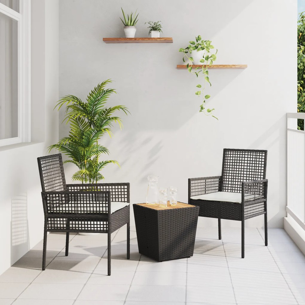 Conjunto de Bistro de Jardim VidaXL com 3 Peças e Almofadas Preto em Rattan