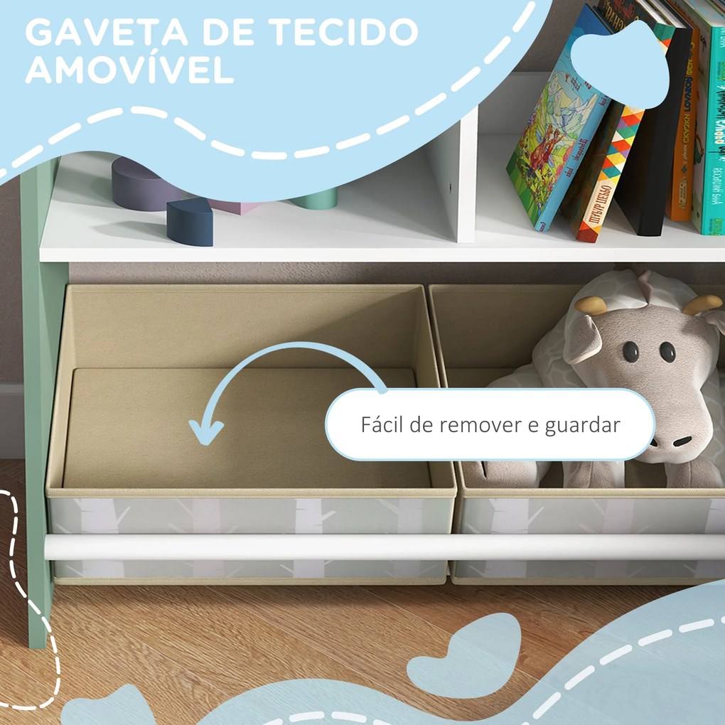 Estante para Brinquedos Organizador Infantil com Prateleiras Abertas e Caixas de Tecido não Tecido Amovíveis 62x27x90cm Verde