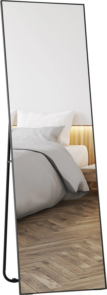 Espelho retangular de corpo inteiro, 50 x 160 cm, espelho com suporte, para fixação na parede ou encostado à parede, preto