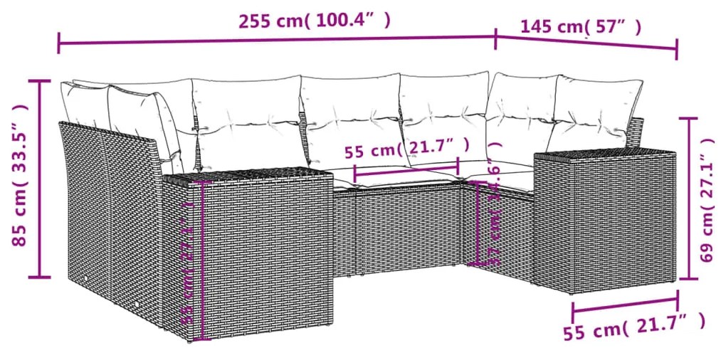 6 pcs conjunto de sofás jardim c/ almofadões vime PE castanho