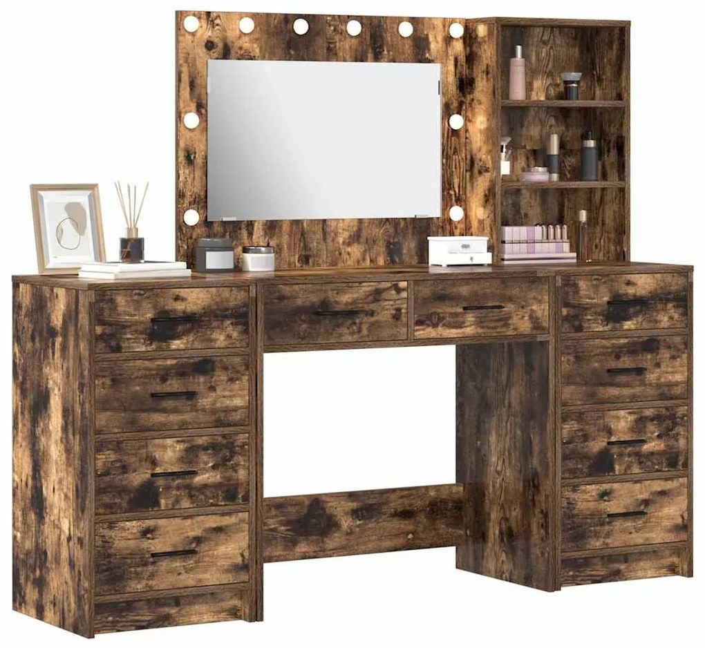 Conjunto de Mesa de Maquiagem vidaXL com 3 Peças e LED em Carvalho Fum