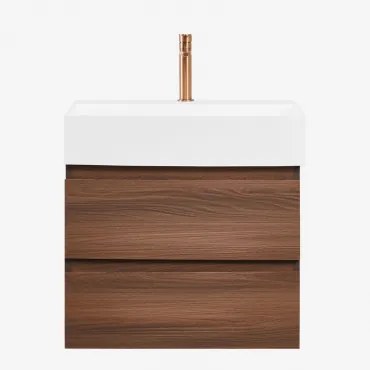 Conjunto De Móvel De Casa De Banho Suspenso Em Madeira E Folha De Freixo Com Lavatório Integrado Ona Madeira Escura & Sem Espelho & - Sklum