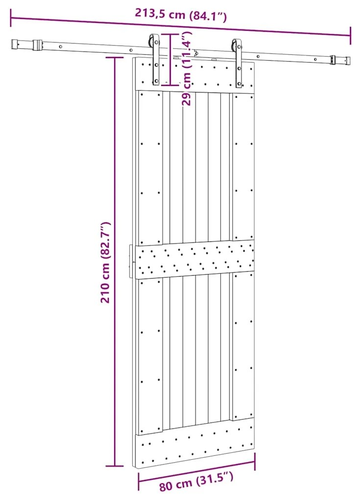 Porta de correr com ferragens 80x210 cm madeira de pinho maciça