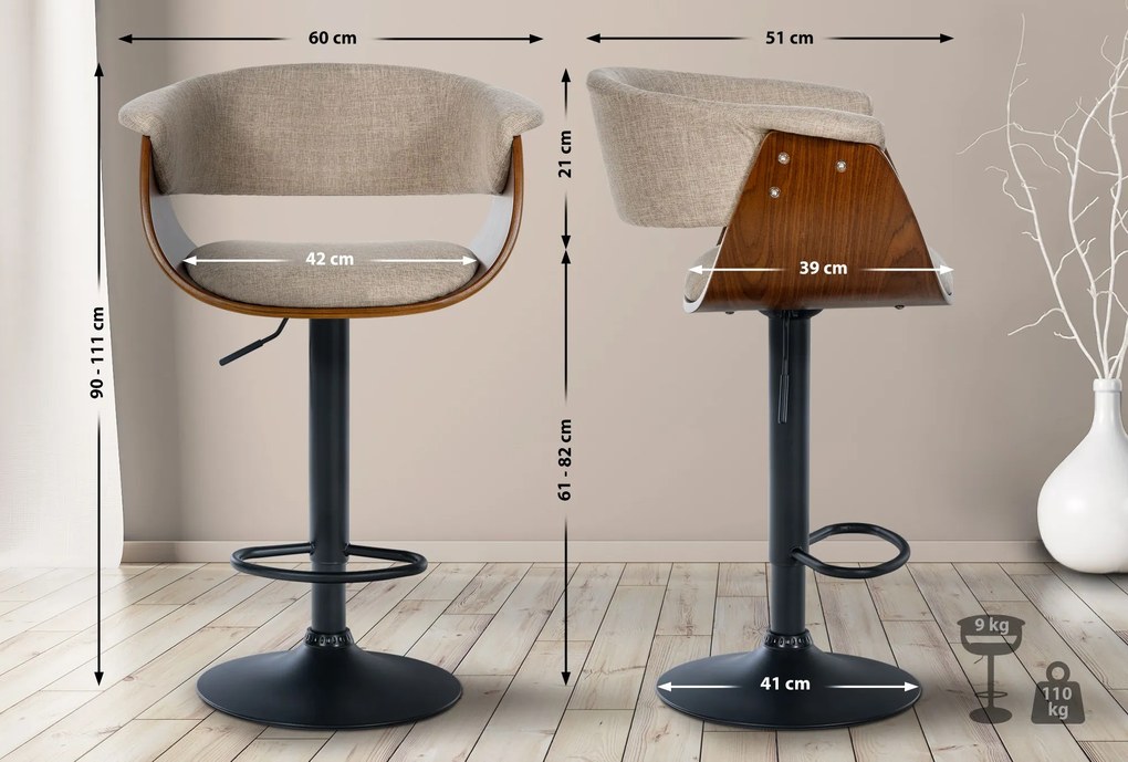 Banco alto em tecido 90-111 x 60 x 51 cm nogueira/creme