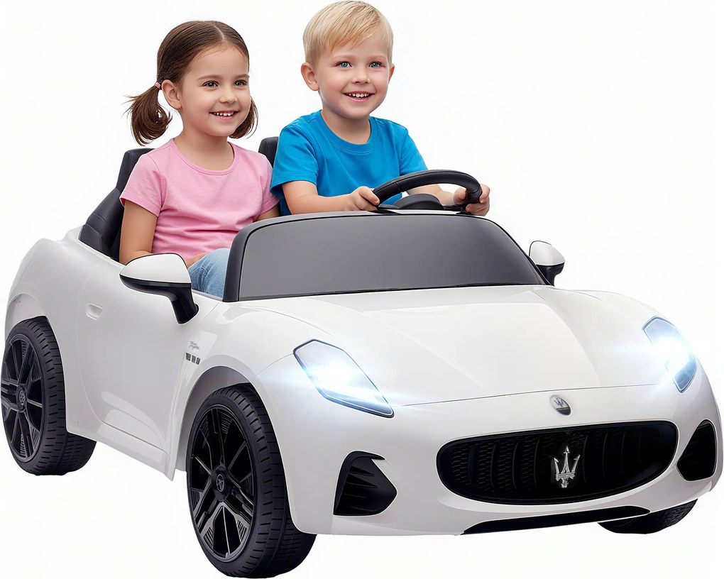 AIYAPLAY Maserati Carro Elétrico para Crianças, 2 lugares, 12V a bateria, controle remoto, luzes LED, função de música, Branco | Aosom Portugal