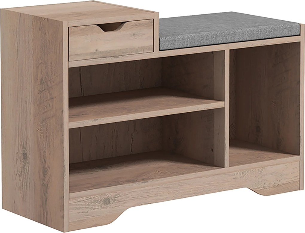 Banco para sapatos com 1 gaveta e 3 compartimentos, com almofada estofada com capacidade para 5 pares, 76,5 x 30 x 52 cm, cinzento