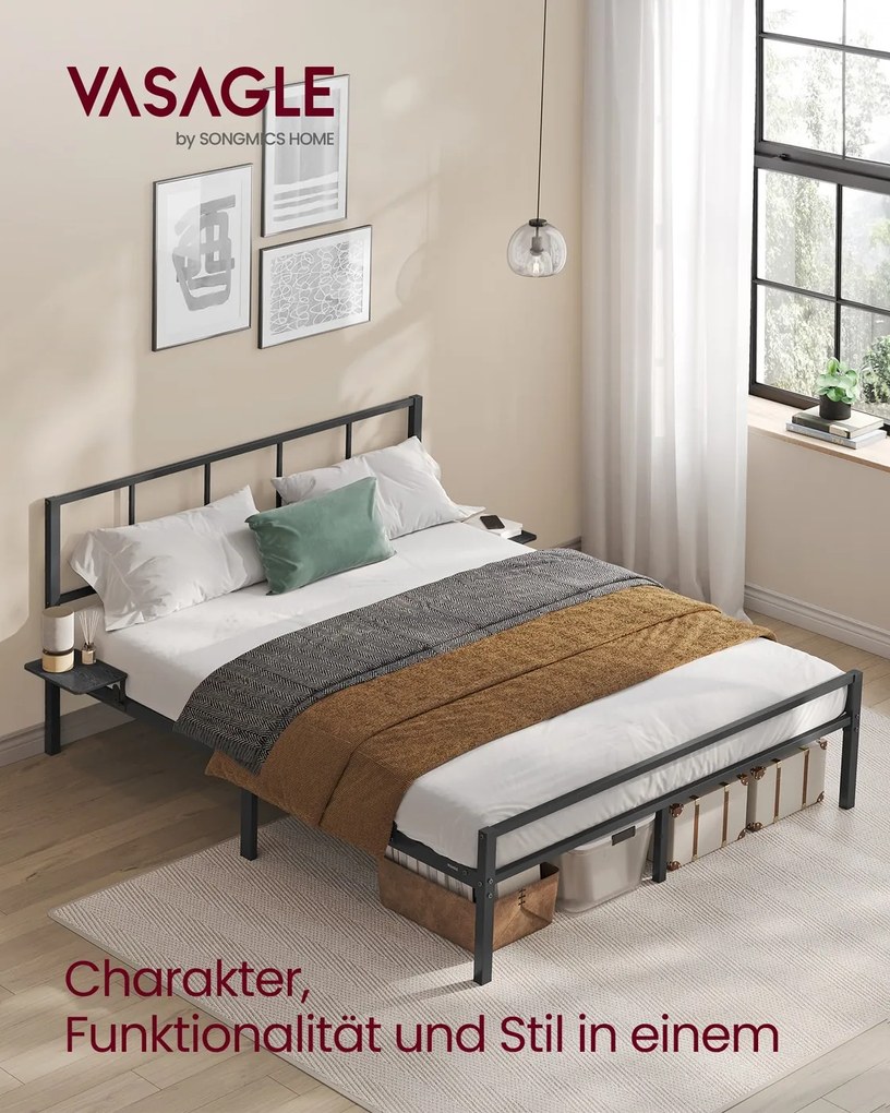 Estrutura de cama de casal 140 x 200 cm (COLCHÃO NÃO INCLUIDO) em metal com prateleiras de arrumação Preto