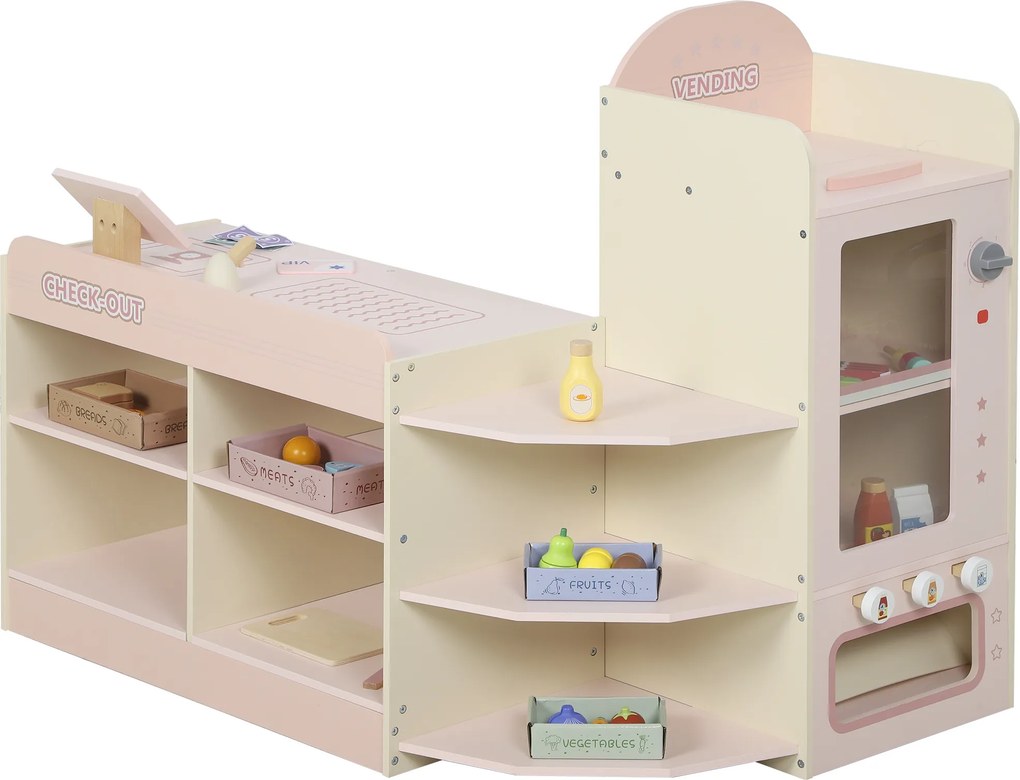AIYAPLAY Supermercado de Brinquedo em Madeira Loja com Caixa Registadora Máquina de Venda Automática 3 Prateleiras Abertas 4 Compartimentos 90,7x60x73,8 cm Rosa | Aosom Portugal