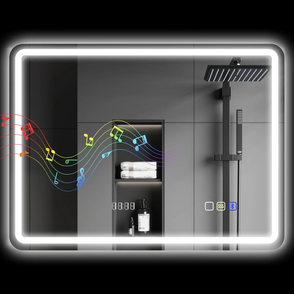 Espelho de Casa de Banho com Luz LED 80x60 cm Bluetooth 3 Cores de Luz Relógio Digital Função Antiembaciamento Memória Prata