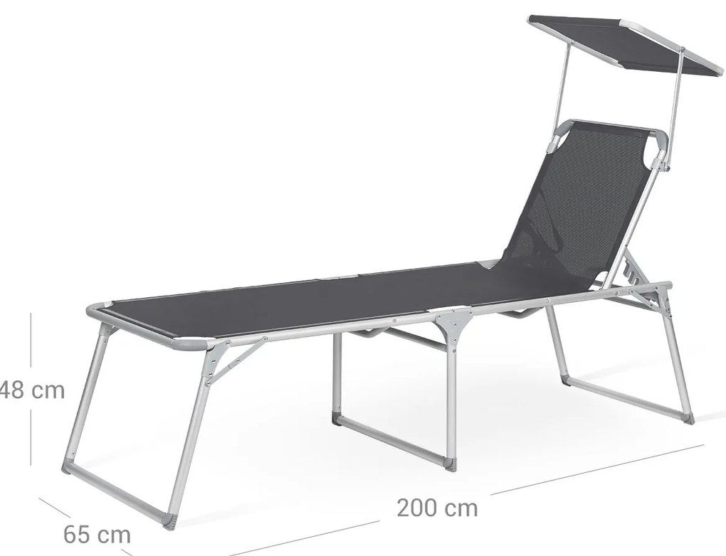 Espreguiçadeira jardim grande XXL 65 x 200 x 48 cm carga até 150 kg com pala de sol Cinzento