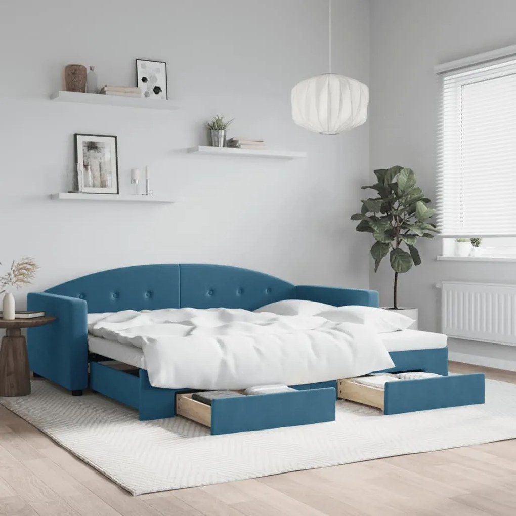 vidaXL Sofá-cama com gavetão e gavetas 90x200 cm veludo azul