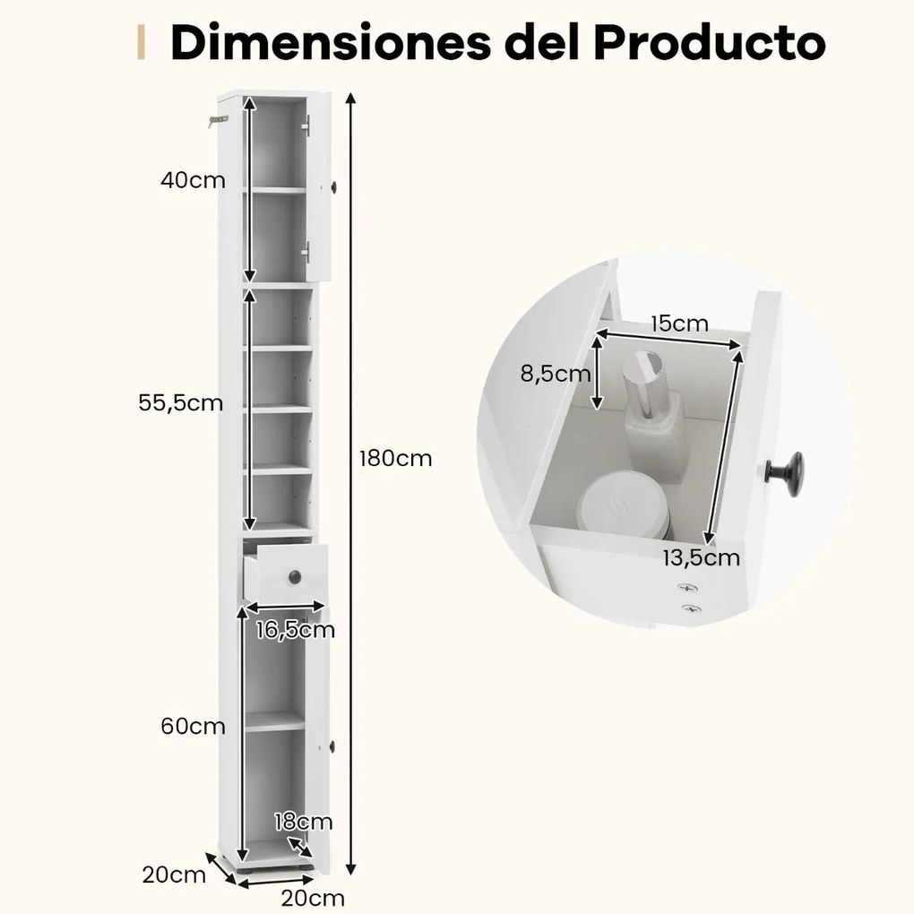 Armário de casa de banho alto e estreito 20 x 20 x 180 cm com 1 gaveta e prateleiras ajustáveis Branco