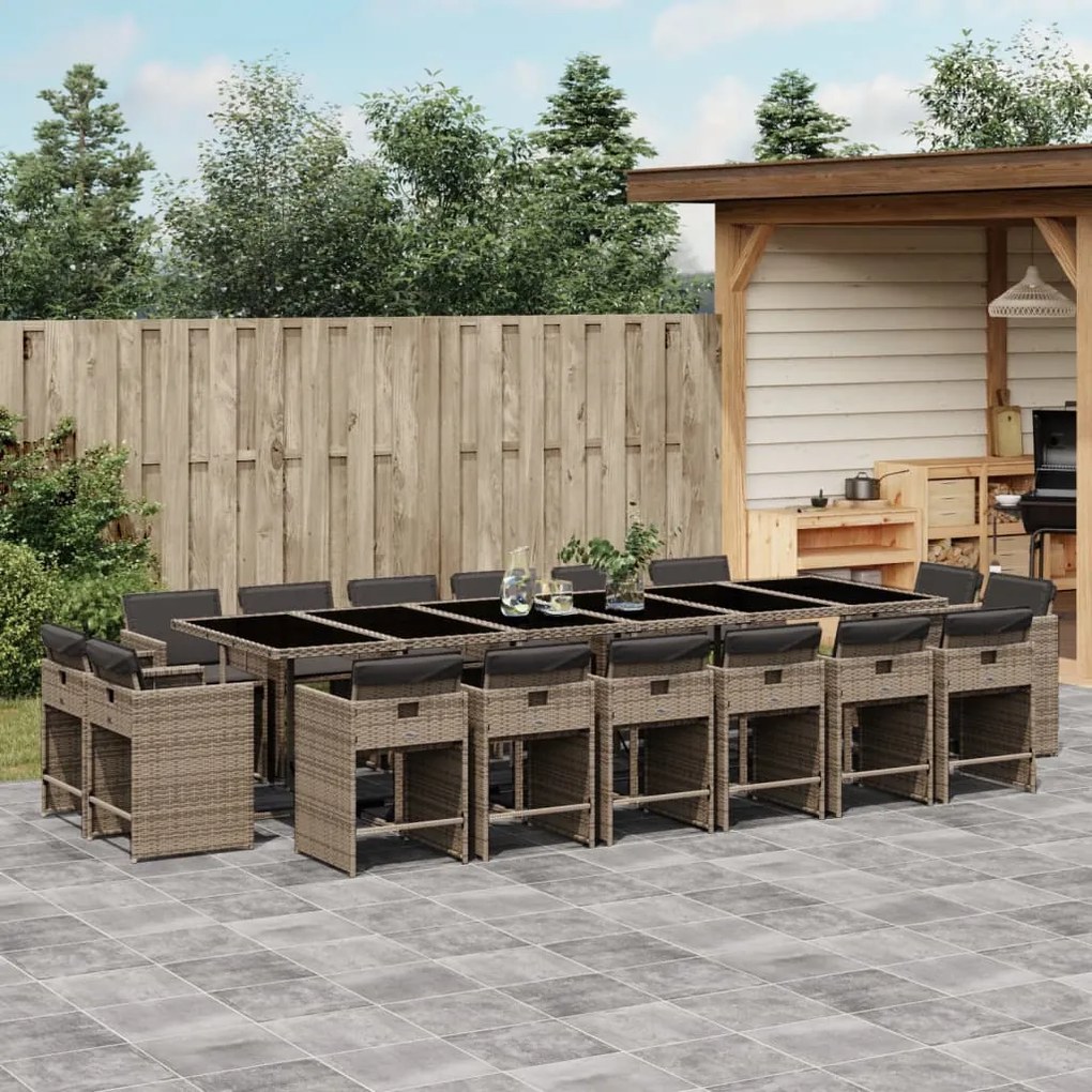vidaXL 17 pcs conjunto de jantar p/ jardim c/ almofadões vime PE cinza