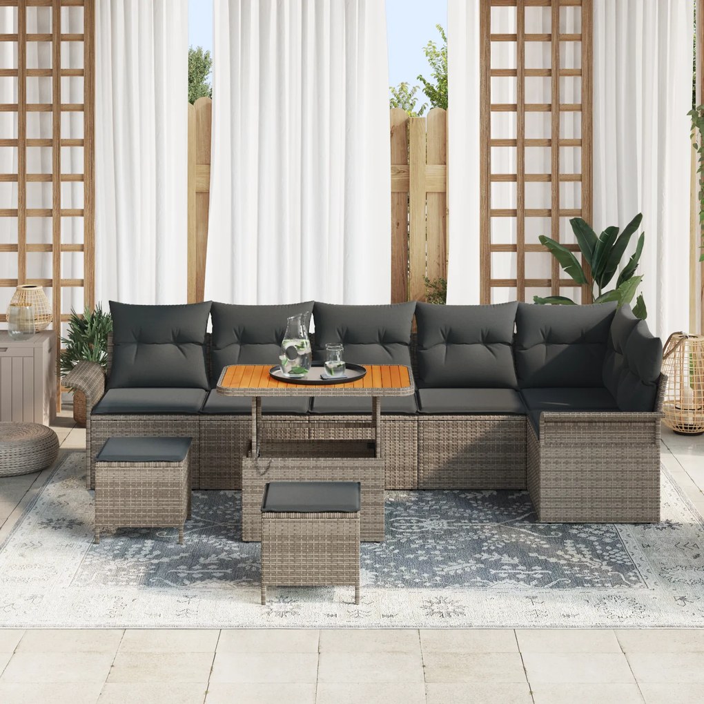 Conjunto de Sofá de Jardim de 9 Peças com Almofadas Cinza Rattan PE Ac