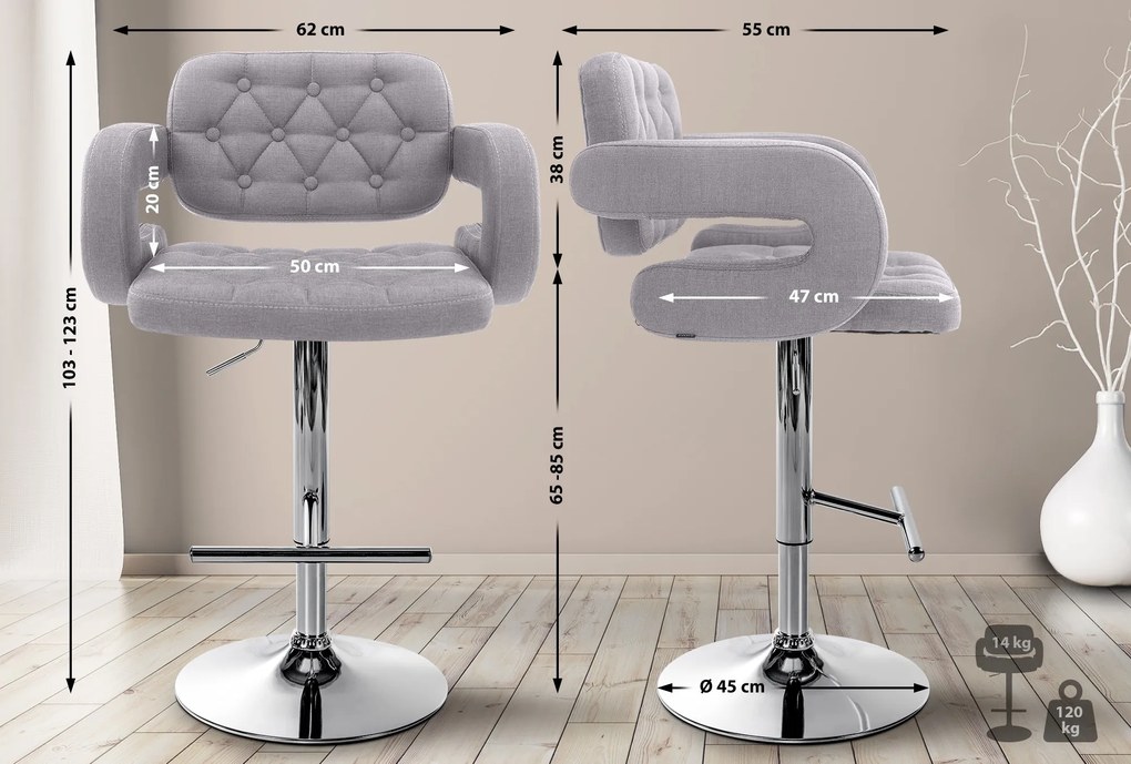 Banco de bar Dublin STOFF C regulável altura 103 - 123 x 63 x 55 cm com revestimento em tecido cinzento