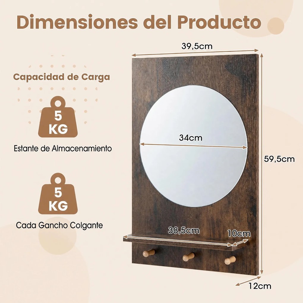 Espelho de Parede Circular com Estante e Ganchos, 39,5 x 12 x 59,5 cm, Estante Aberta e 3 Ganchos, Castanho