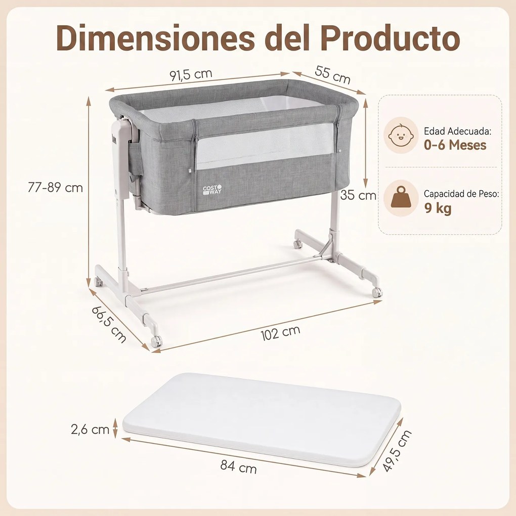 Berço para Bebés 3 em 1, 102 x 66,5 x 89 cm, Altura Ajustável em 6 Níveis, Cinzento