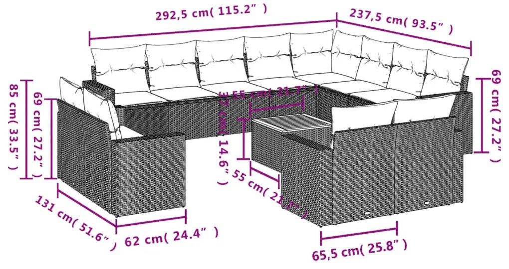 13 pcs conjunto de sofás p/ jardim com almofadões vime PE bege