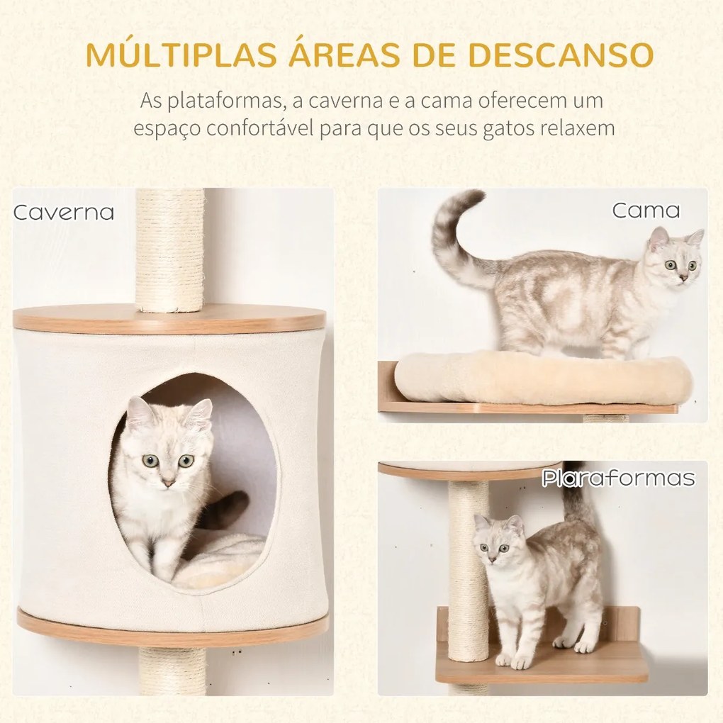 Árvore para Gatos de Parede com Múltiplas Plataformas Caverna Cama Superior Almofada Removível Postes Arranhadores de Sisal Torre para Escalar 38x30x1