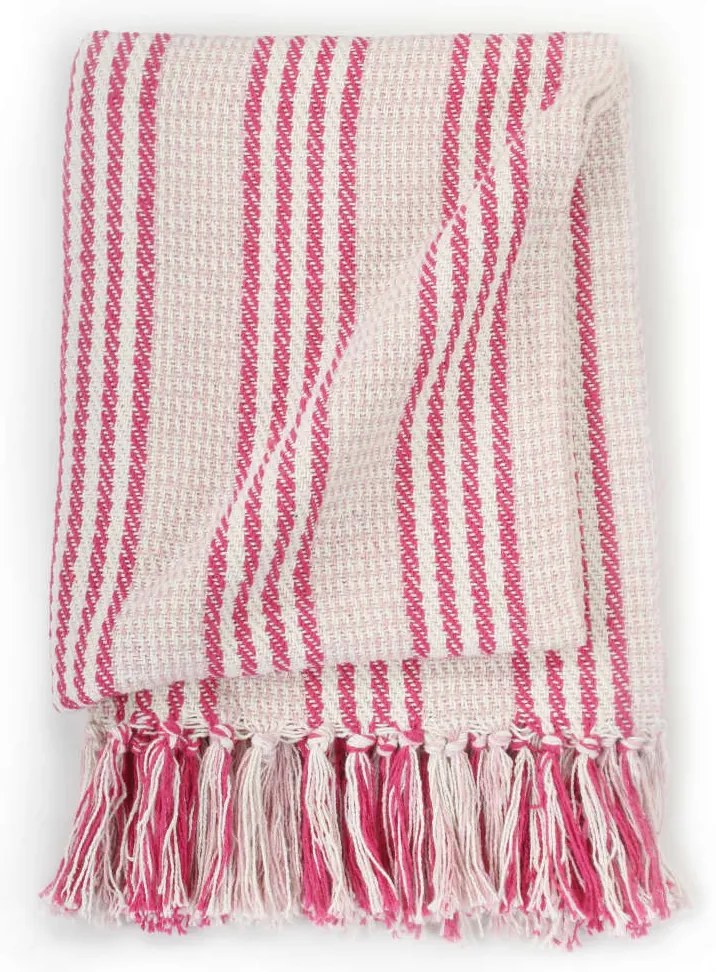 Manta em algodão às riscas 220x250 cm rosa e branco