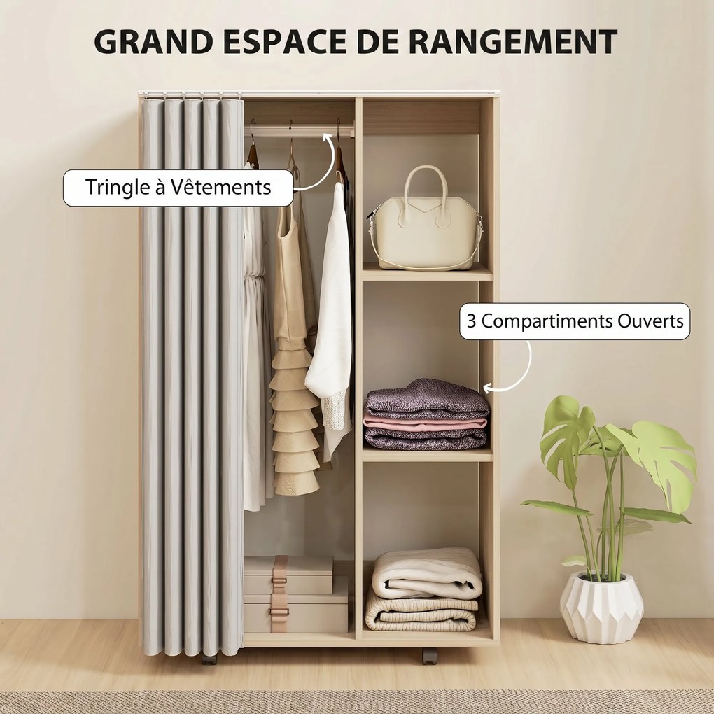 Guarda roupa móvel com 4 Rodas 80 x 40 x 128 cm, varão para roupa e prateleiras, , com acabamento em cor madeira natural