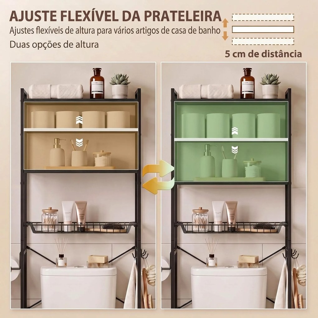Móvel para Sanita de 3 Níveis com Porta-Rolos Prateleiras Ajustáveis Cesto Amovível e Ganchos Castanho Rústico