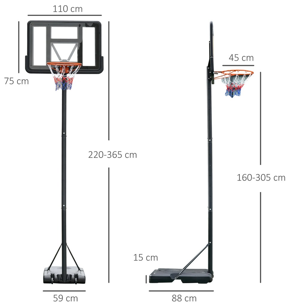 Cesto de Basquetebol com Altura Ajustável 220-365 cm Aro de Basquetebol com Suporte Rodas Base Recarregável Preto