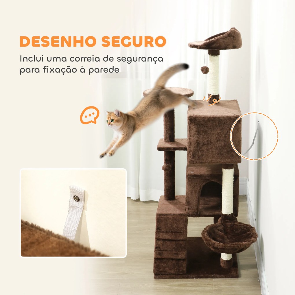 Arranhador para Gatos com Múltiplas Plataformas Cama 2 Cavernas Rede Escada Postes de Sisal 48x48x140 cm Castanho
