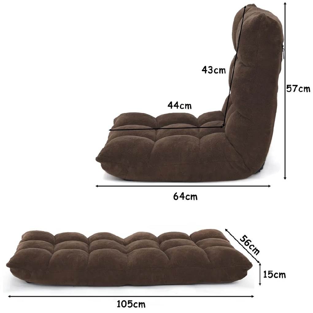 Sofá Dobrável Encosto Ajustável 14 Posições Cadeira para Quarto Sala 105 x 56 x 15 cm Castanho