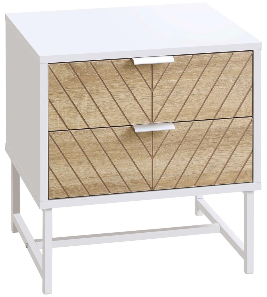 HOMCOM Mesa Cabeceira 2 Gavetas Mesa Auxiliar Pés Aço Sala Estar Dormitório Moderna 45x39x48cm Carvalho Branco