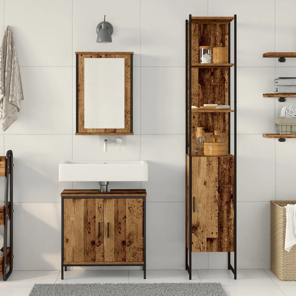 Conjunto de Móveis de Casa de Banho de 3 Peças Madeira Velha Madeira R
