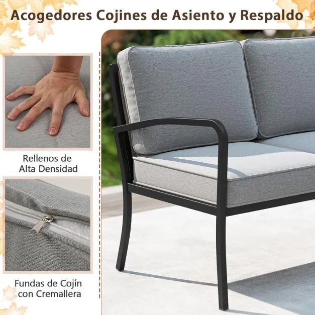 Conjunto de sofá de canto para jardim de 3 peças Sofá em forma de L com mesa de café Estrutura metálica e assento em malha acolchoada Cinza, Preto