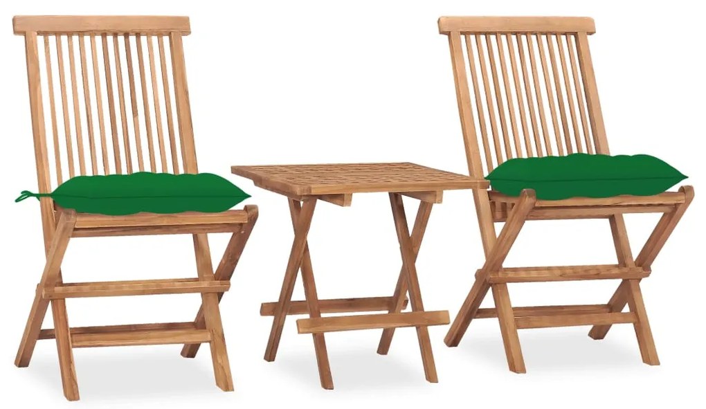 vidaXL 3 pcs conj. jantar dobrável exterior c/ almofadão teca maciça