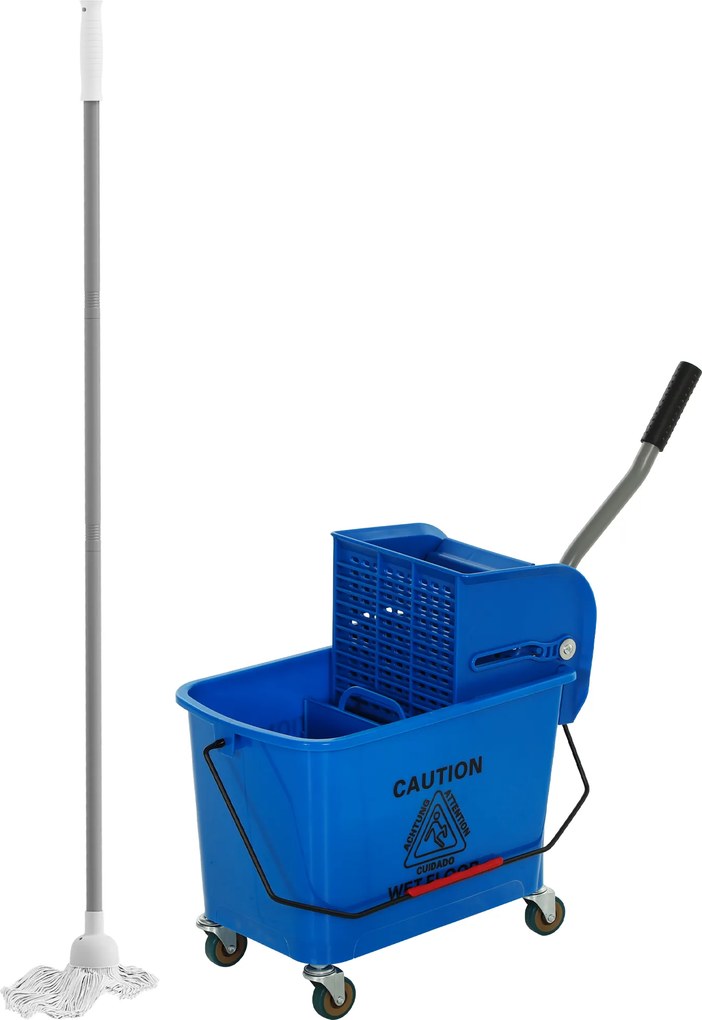 HOMCOM Balde de Limpeza com Escorredor, Painel Separador e Rodas Capacidade de 20L para Limpeza Doméstica 45x26,5x70 cm Azul | Aosom Portugal