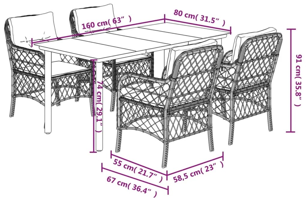 5 pcs conjunto de jantar p/ jardim com almofadões vime PE bege