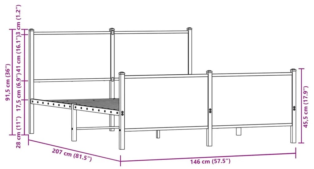 Estrutura de cama sem colchão 140x200 cm metal carvalho fumado