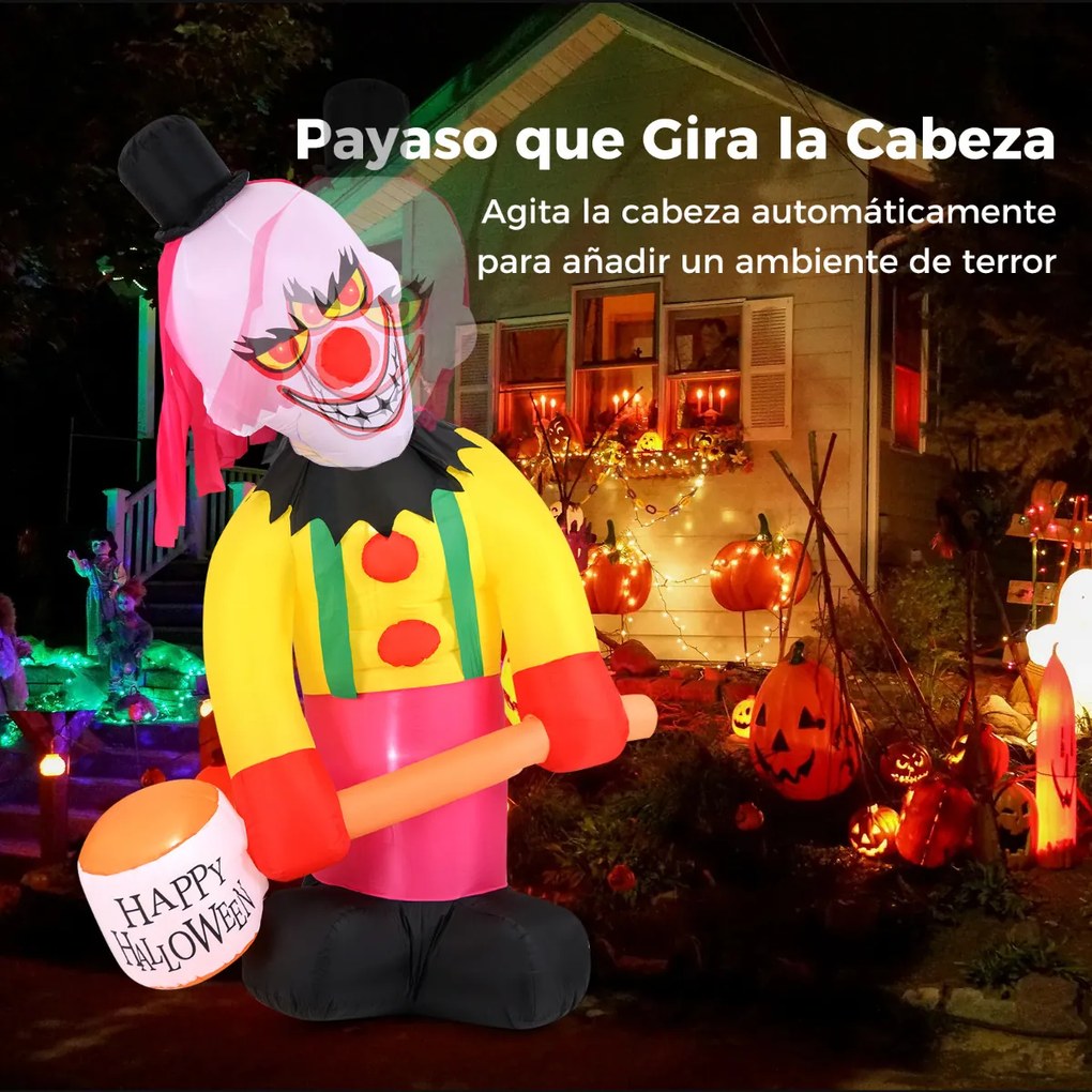 Palhaço Insuflável de Halloween, 180 x 240 cm, Cabeça Rotativa e Iluminação LED, Multicolor
