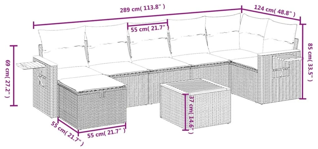 8 pcs conjunto sofás de jardim com almofadões vime PE preto