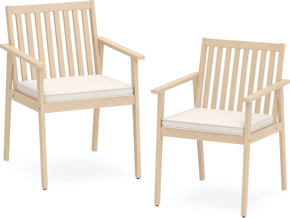Conjunto 2 Cadeiras de Jantar jardim Madeira Acacia Almofada Removível Apoio de Braços Natural e Branco