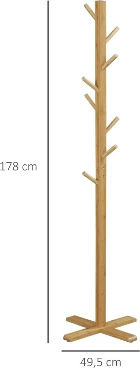 Cabide de Pé em Bambu com 8 Ganchos para Pendurar Bolsas e Chapéus no Corredor Entrada Quarto 49,5x49,5x178 cm Madeira