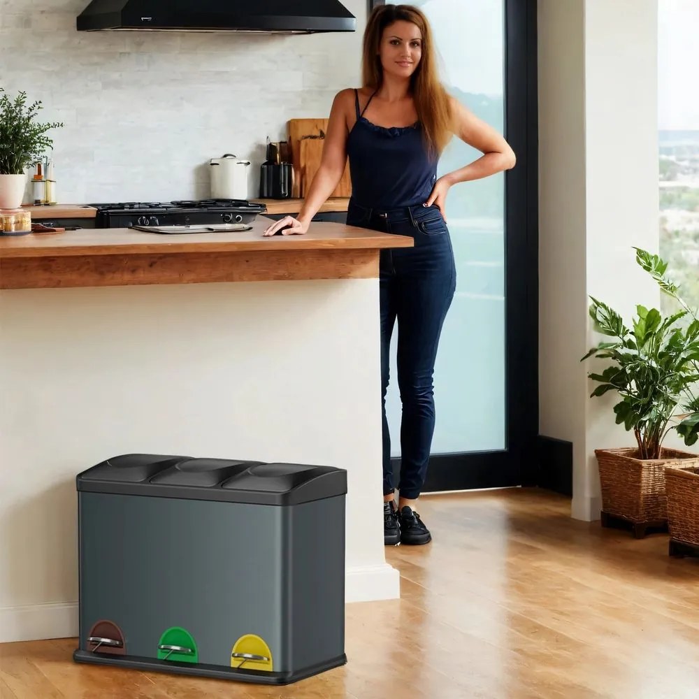 Caixote do lixo com 3 compartimentos 60,5 x 40,5 x 48,5 cm verde acinzentado