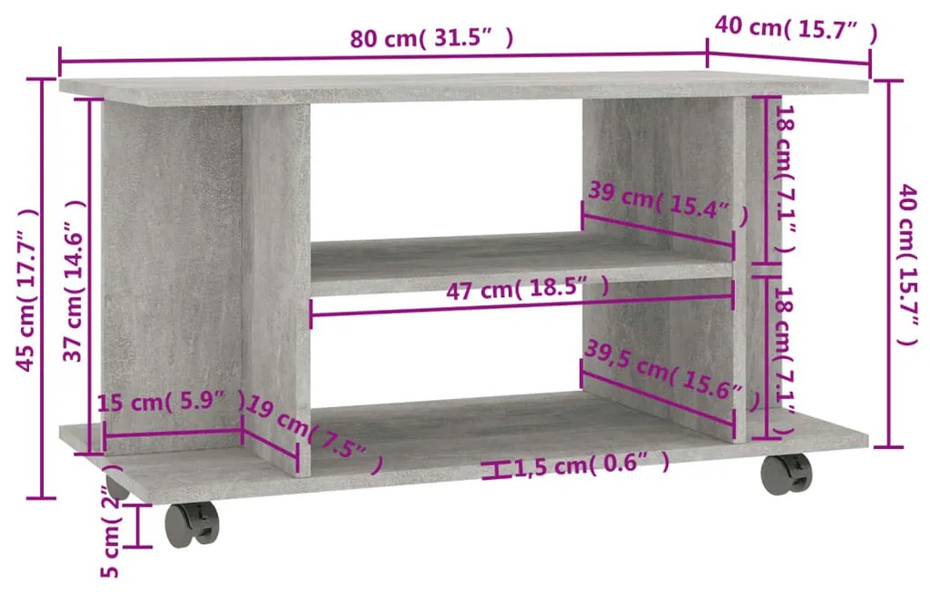 Móvel de TV com rodas 80x40x45cm deriv.madeira cinzento cimento