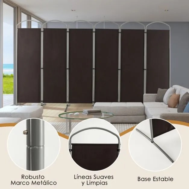 Biombo de 6 painéis de tecido Divisória de quarto para varanda, escritório, sala de estar 331 x 51 x 188 cm Castanho