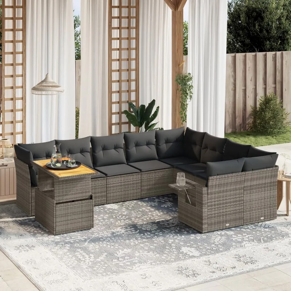 10 pcs conjunto sofás de jardim c/ almofadões vime PE cinzento