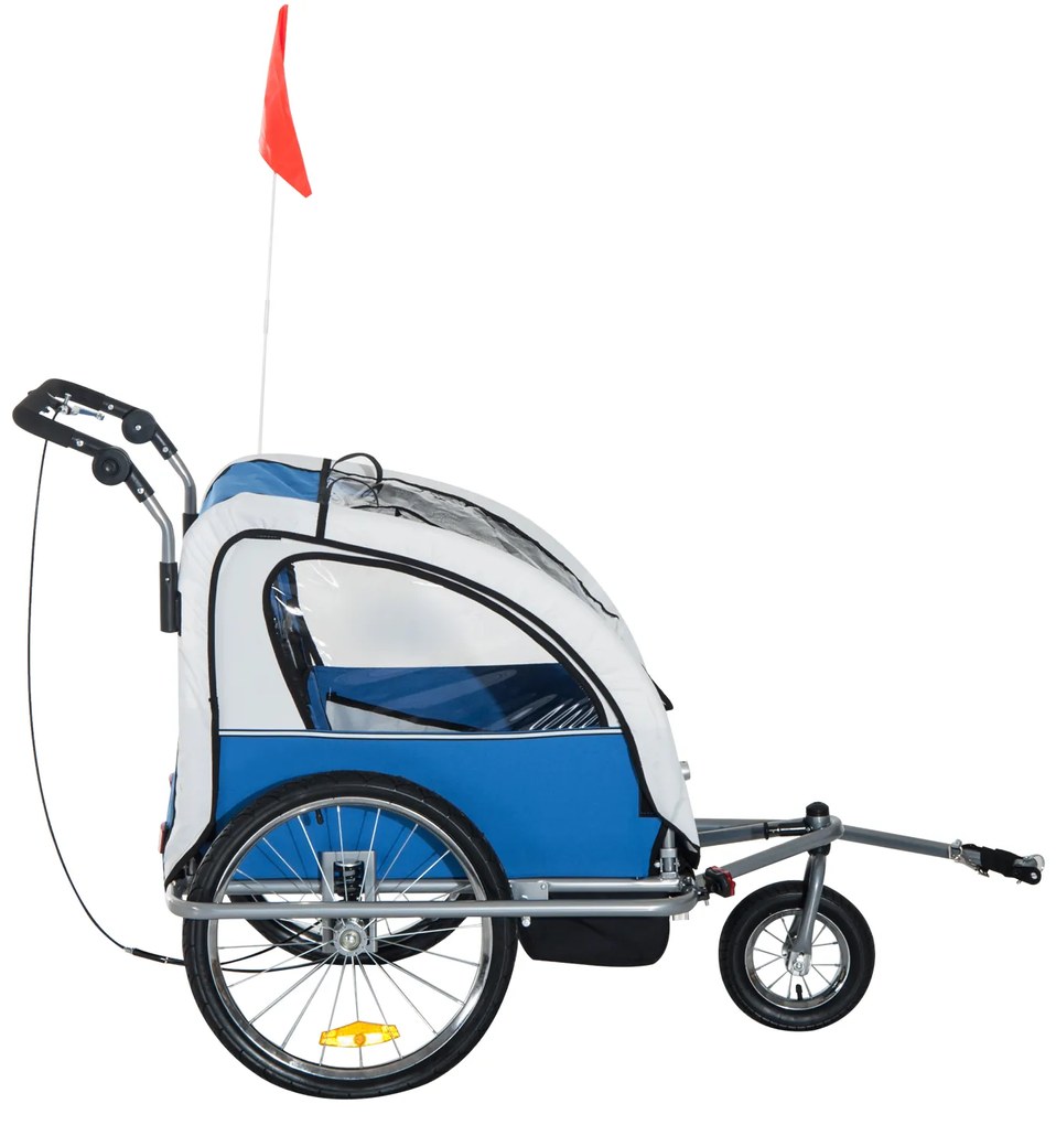 Reboque de Bicicleta para Crianças com 2 lugares e Roda 360º com Acoplamento Universal - Cinzento e Azul - 125x88x107cm