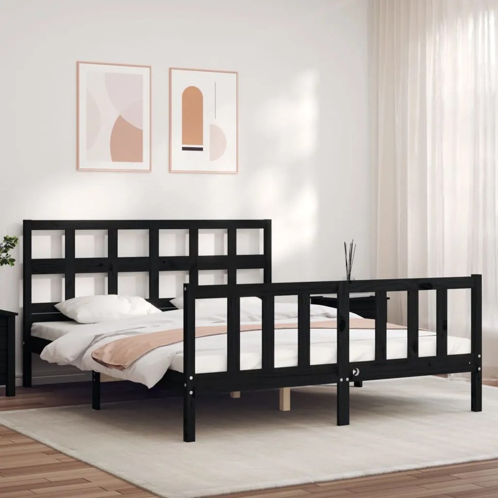 Estrutura de cama com cabeceira 160x200 cm madeira maciça preto