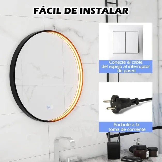 Espelho de banho redondo antiembaciamento LED 60 x 60 cm com função de memória Moldura de alumínio Preto