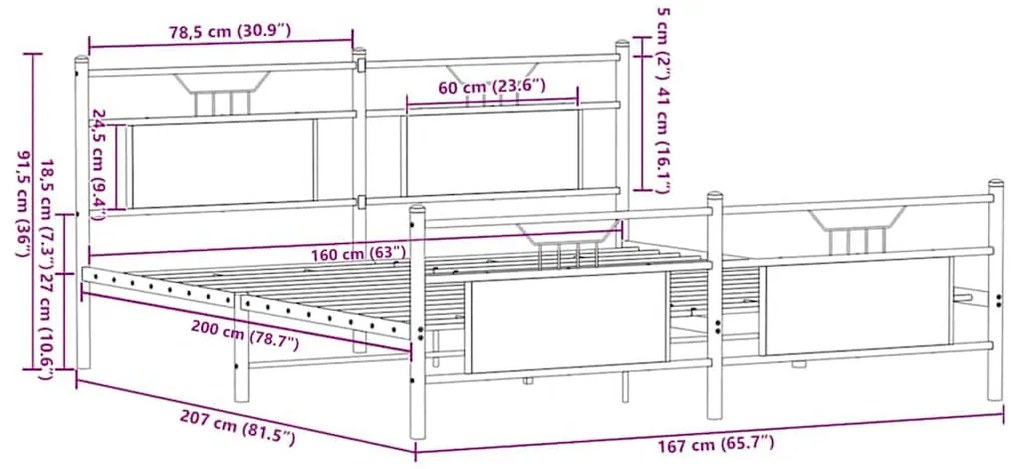 Estrutura de cama sem colchão 160x200cm metal carvalho sonoma