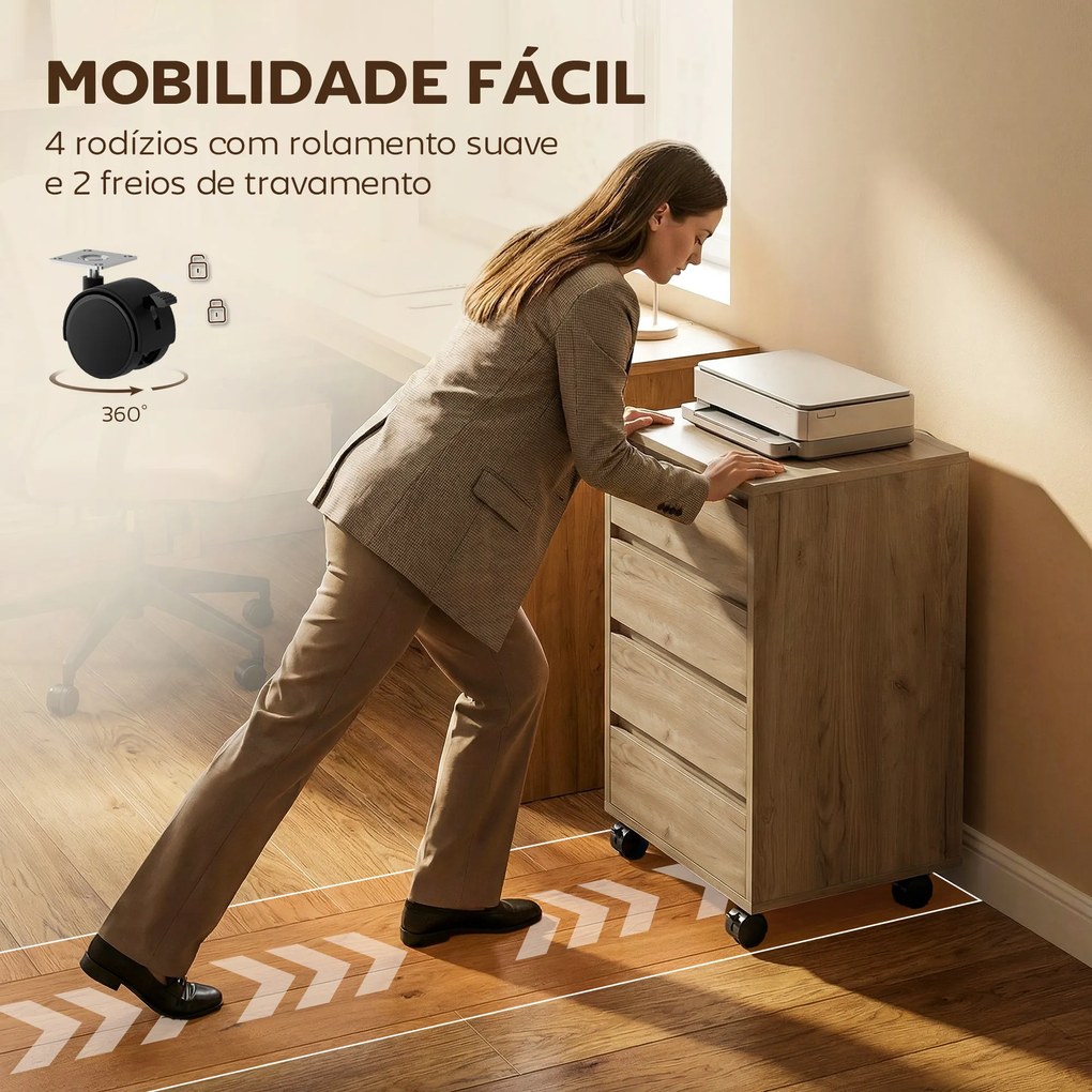 Bloco de Gavetas de Escritório com 4 Gavetas Rodas para Escritório 46x40x65 cm Castanho