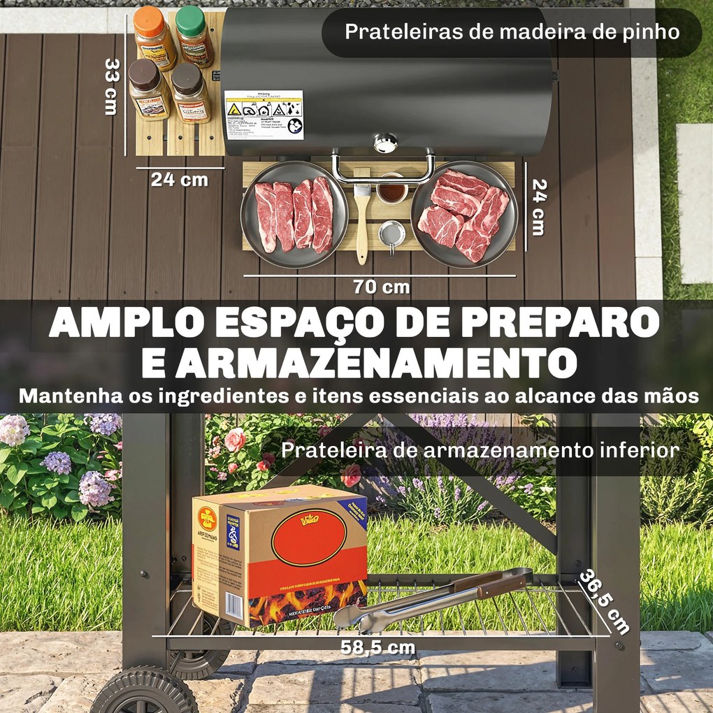 Grelhador a Carvão Portátil Móvel com Prateleiras Dobráveis Termómetro Tampa Ventilações Ajustáveis 109x71x98 cm Preto